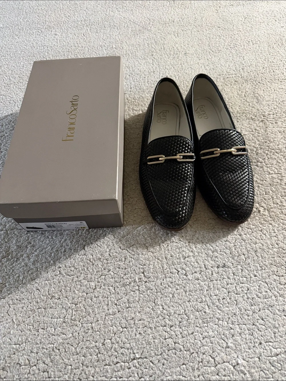 Franco Sarto Berola 2 Black Woven Leather Loafers with Silver Accent 10M